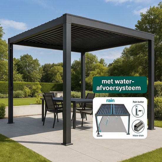 Deluxe® Mirador - Luxe overkapping - Antraciet - Paviljoen - Staal - 3x3m - Luxe vrijstaande zonwering en tuin overkapping met kantelbare lamellen - Weerbestendig - Voor gebruik als pergola, carport of veranda.