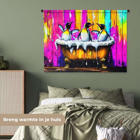 Wandkleed 150x112 cm - Wanddoek Pinguïns - Badkuip - Kleurrijk - Schuim - Wandtapijt - Wandkleden