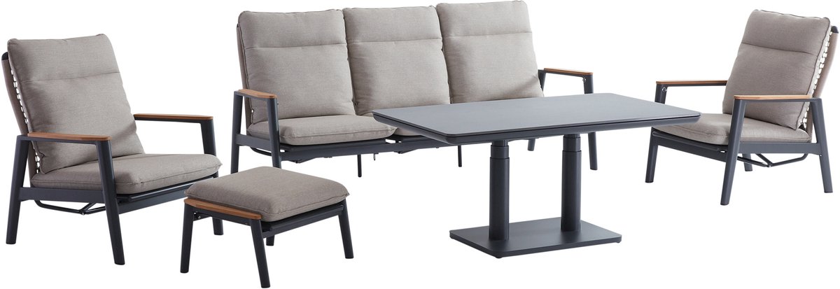 AVH-Collectie Alzano stoel bank loungeset 5 delig verstelbaar zand rope aluminium antraciet