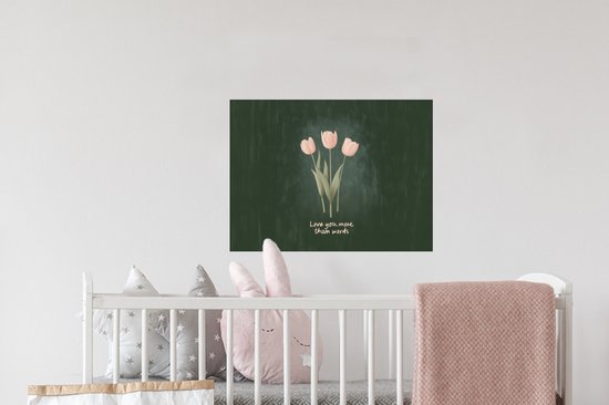 Muurstickers - Sticker Folie - Tulpen - Roze - Tekst - Love - 40x30 cm - Plakfolie - Muurstickers Kinderkamer - Zelfklevend Behang - Zelfklevend behangpapier - Stickerfolie