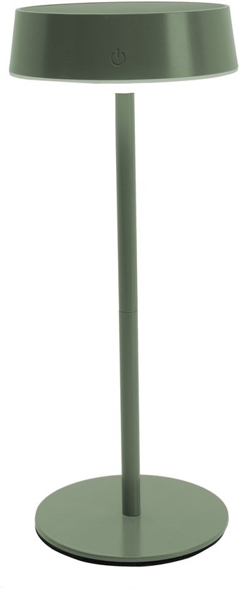 Lampe de table verte avec base ronde, pied élancé et abat-jour rond avec commande tactile.