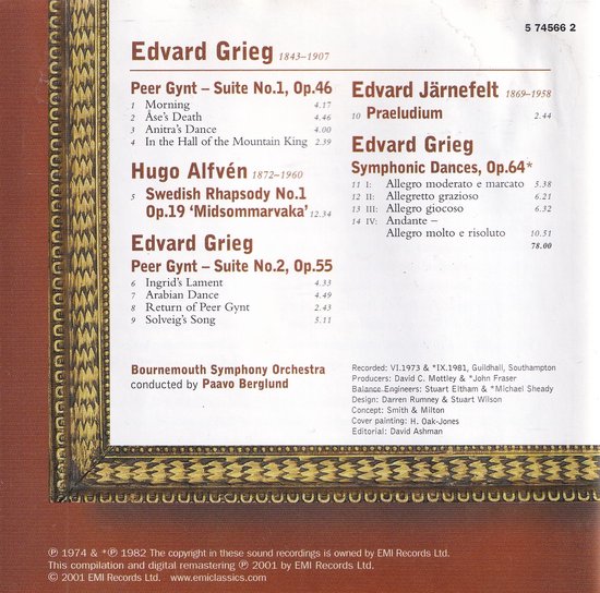 Binnenkant CD-hoes met tracklist en credits voor Edvard Grieg, Hugo Alfvén en Edvard Järnefelt.