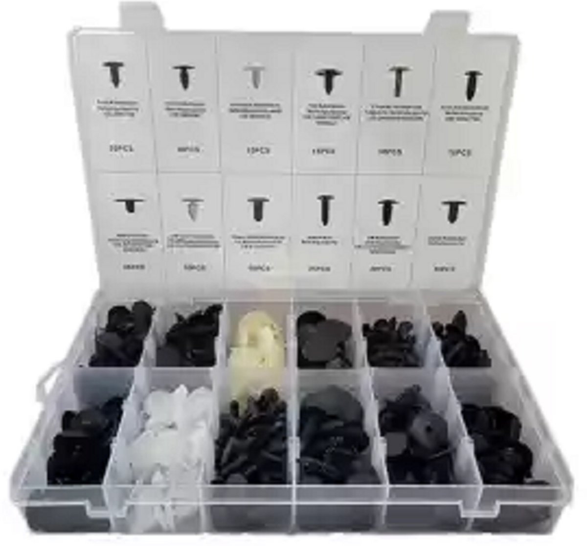 340 delig assortiment bekleding bevestiging clips-Assortiment van 340 stuks interieur clips voor dashboardpanelen, deurpanelen en bekleding van diverse voertuigfabrikanten zoals Chrysler, Ford, GM, Honda, Renault, Toyota en Volkswagen.