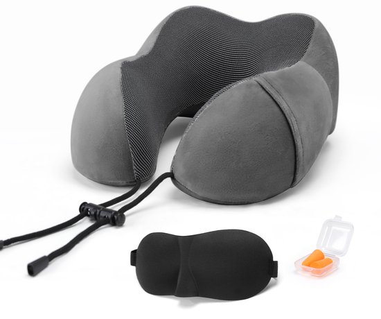SKYCASES Travel Essentials - Nekkussen Set 3-delig - Ergonomisch Memory Foam Reiskussen met Oogmasker en Oordoppen - Ideaal voor Vliegtuig, Auto en Trein - Compact en Luxe - Antraciet