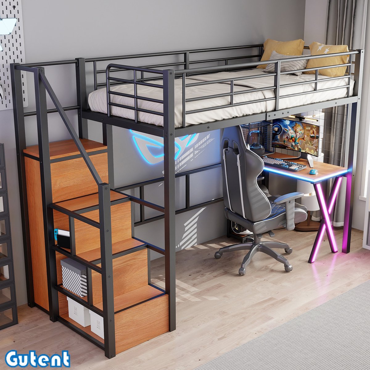 Gutent Hoogslaper（Geen stoelen） - 90*200 cm - met LED verlichting, opbergladder, bureau, kleerkast - Zonder matras - Zwart