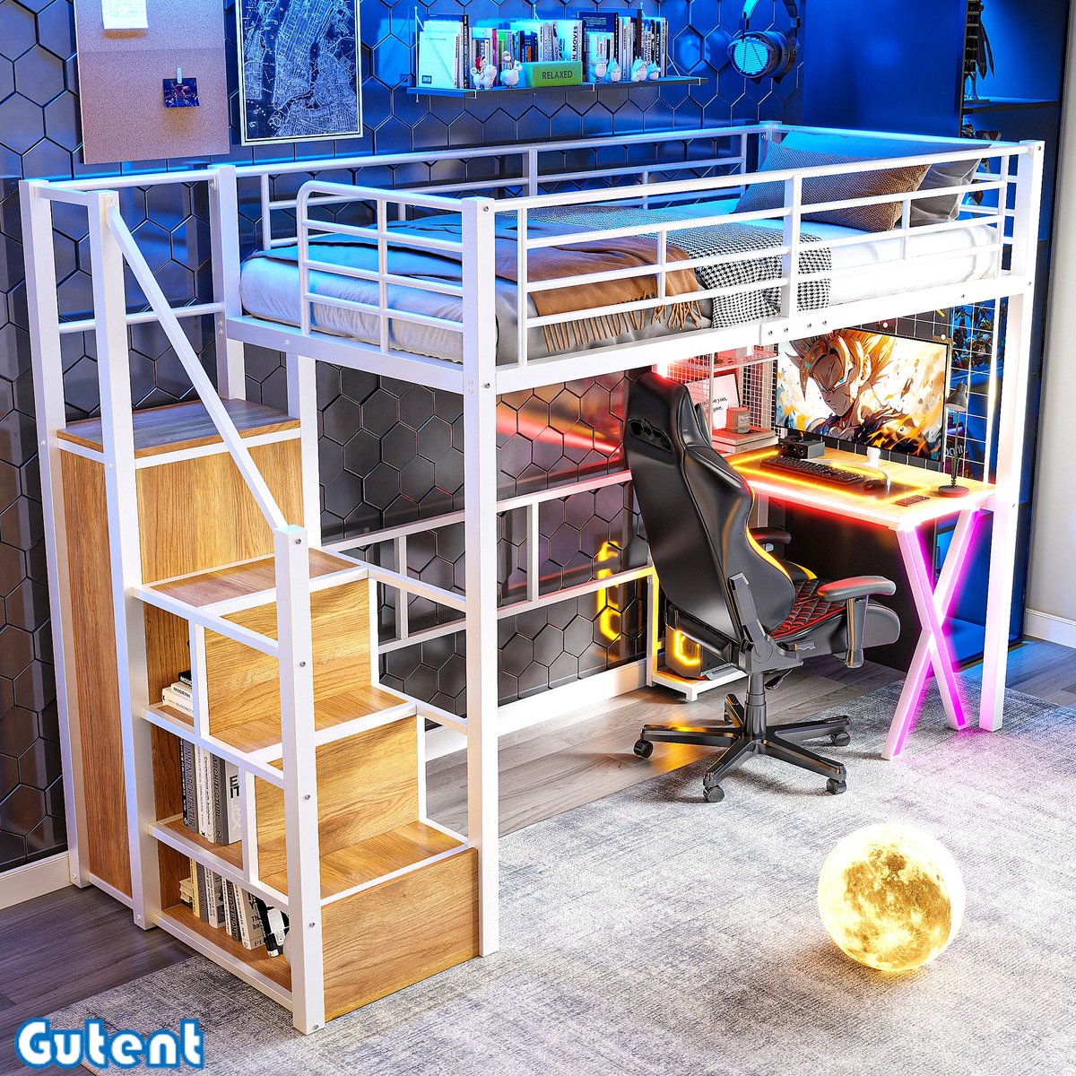 Gutent Hoogslaper（Geen stoelen） - 90*200 cm - met LED verlichting, opbergladder, bureau, kleerkast - Zonder matras - Wit