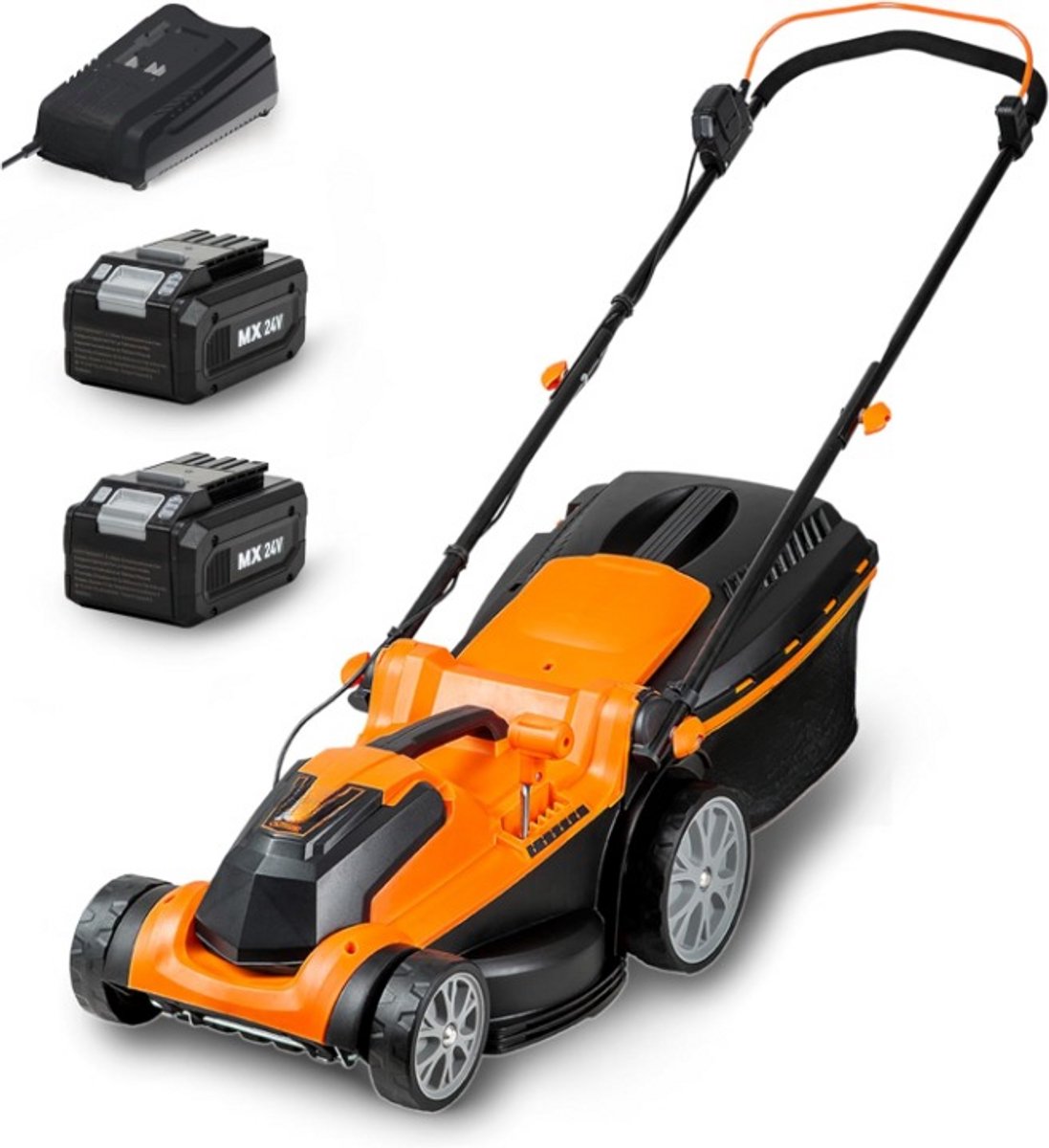 Accugrasmaaier - Elektrische Grasmaaiers - Gazontrimmer - Grastrimmer - met Mulchmaat 40L - Snijbreedte 37cm - Maaibreedte 300m² - Maaihoogte op 6 Niveaus - 2 x 4000 mAh Lithium-ion Accu - Oplader - 24V - Zwart&Oranje