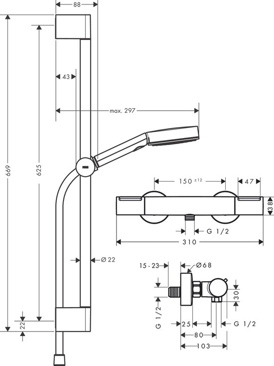 hansgrohe Pulsify Select S douchesysteem 105 3jet Relaxation EcoSmart met Element en glijstang 65 cm chroom