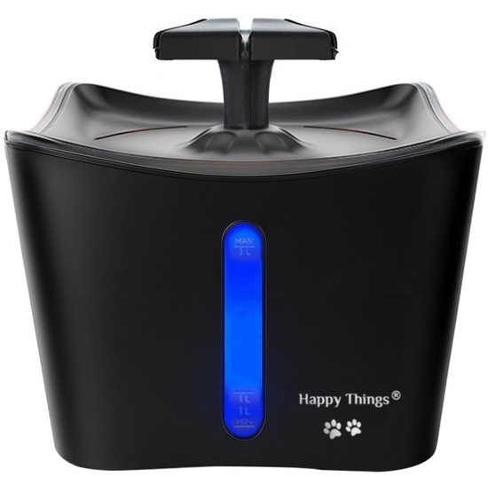 Happy Things Drinkfontein Kat en Hond XL - 3 L - Stilste Pomp - Kattenfontein – Waterfontein Kat – Geruisloos – Zwart met Zilver