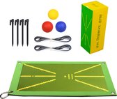 Golfmat, 3 ballen, 2 linten, 4 grondpennen en doos voor golfmat.