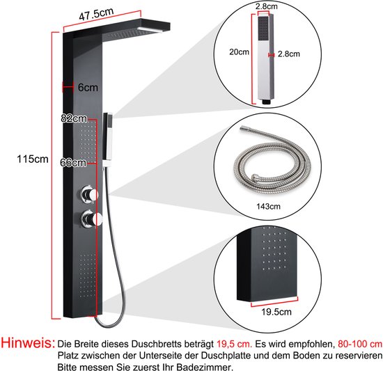 Afmetingen van een zwart douchepaneel met een breedte van 19,5 cm en een hoogte van 115 cm.