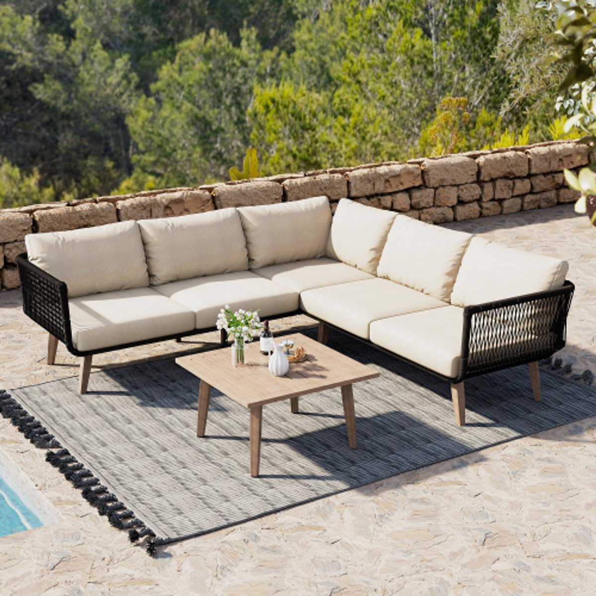 Tuinmeubelset, bank + salontafel, gegalvaniseerde stalen buis, olefin, tafelblad in houtnerfkleur, gevlochten touw, geschikt voor de tuin, beige + zwart Tuinmeubelset met bank en salontafel in beige en zwart.
