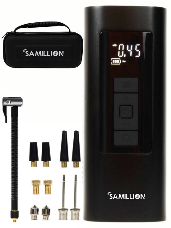 Samillion 6-in-1 Draagbare Compressor Bandenpomp - Luchtcompressor - Compressor - Oplaadbaar - Fiets Tot Auto - Elektrische Fietspomp - Zaklamp en Powerbankfunctie - Inclusief 11 opzetstukken & Luxe Reistas - 6000 mAh batterij
