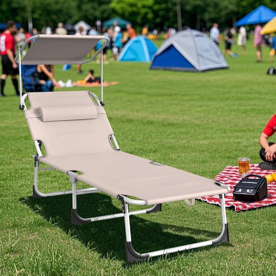Zonneligstoel met dak, tuinstoel, outdoor ligstoel met hoofdkussen, strandstoel, inklapbaar, verstelbare rugleuning, zonwering tot 100 kg, voor strand, camping, balkon, terras, kaki — afbeelding 5