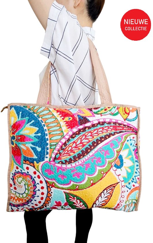 Dames Draagtas schoudertas met ritsaansluiting Deels Katoen| Stijlvol, Ruim & Duurzaam tas| Dames vakantietas| Strandtas| Weekendtassen & Reistassen 46x40x10 CM| Moederdag Cadeau