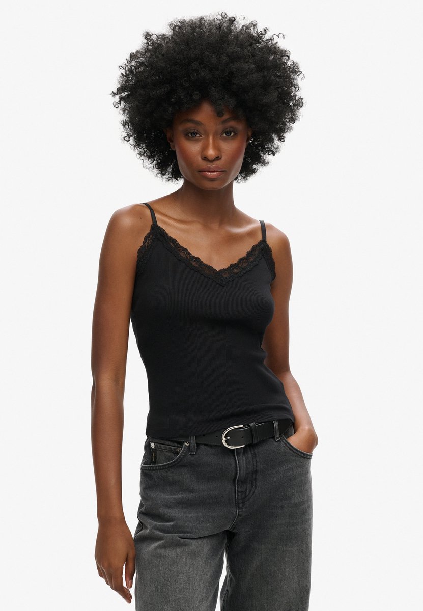 Superdry Vintage geribd camitopje van biologisch katoen met kanten boord Dames Vesten Zwart