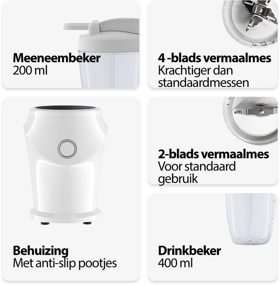 2-in-1 Smoothie Maker & Koffiemolen Elektrisch - Blender To Go - 2 Bekers (400ML & 200ML) - Mini Blender - Wit van Techwood — afbeelding 4