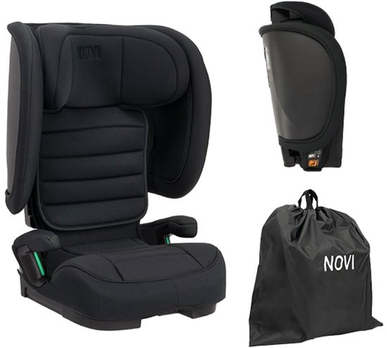Zwart Novi autostoeltje, de zijkant van de stoel en een zwarte draagtas.