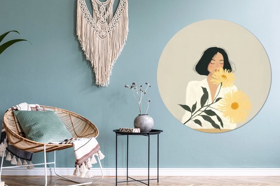 WallCircle - Wandcirkel - Muurcirkel - Vrouw - Bloem - Geel - Minimalistisch - Aluminium - Dibond - 120x120 cm - Binnen en Buiten XXL