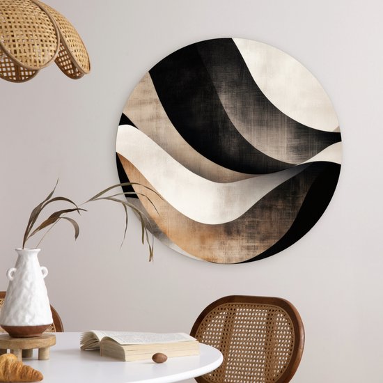 WallCircle® Wandcirkel 60x60 cm - Muurcirkel Abstract - Golven - Zwart - Verweerd - Muurdecoratie woonkamer - Wanddecoratie slaapkamer - Kamer decoratie accessoires - Ronde schilderijen