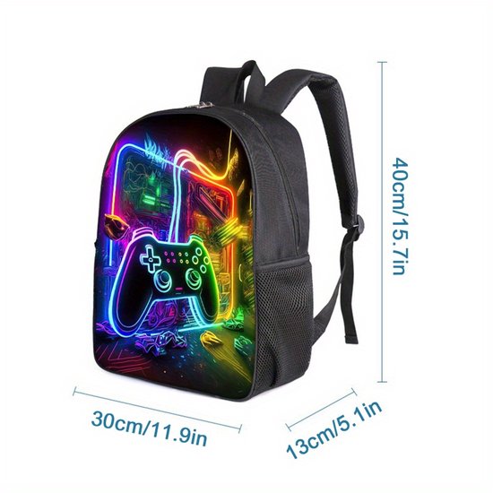 Zwarte rugzak met neon gamecontrollerprint in regenboogkleuren. Afmetingen: 40x30x13cm.
