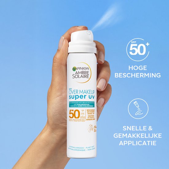Garnier Ambre Solaire Over Make-up Super UV Mist Gezicht SPF50 - met Glycerine, Vitamine E en Hyaluronzuur – Beschermt & Fixeert Make-up - Skizonnebrandcreme - 75ml