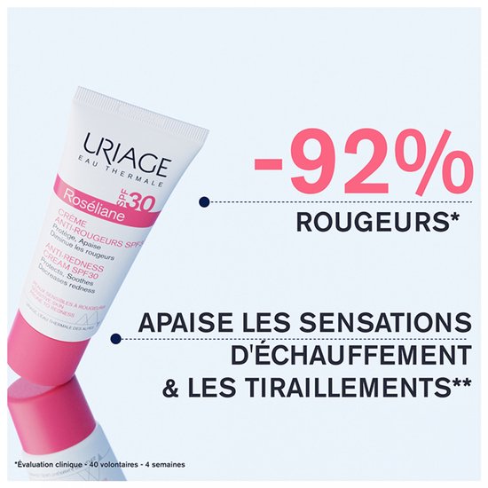 Uriage Roseliane anti-roodheid crème SPF 30. Kalmeert direct roodheid, branderigheid en trekkerigheid.