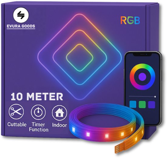 Evura Goods - Led strip - 10 meter - RGB - met afstandsbediening & telefoon app - dimbaar - smart LED light verlichting - Led-strips - timer en muziek modus - Led Lights - smart home verlichting