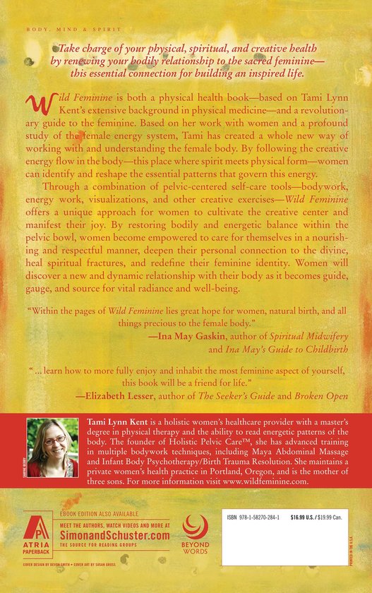 Achterkant boek 'Wild Feminine' met foto van auteur Tami Lynn Kent, citaten en uitgeversinformatie.