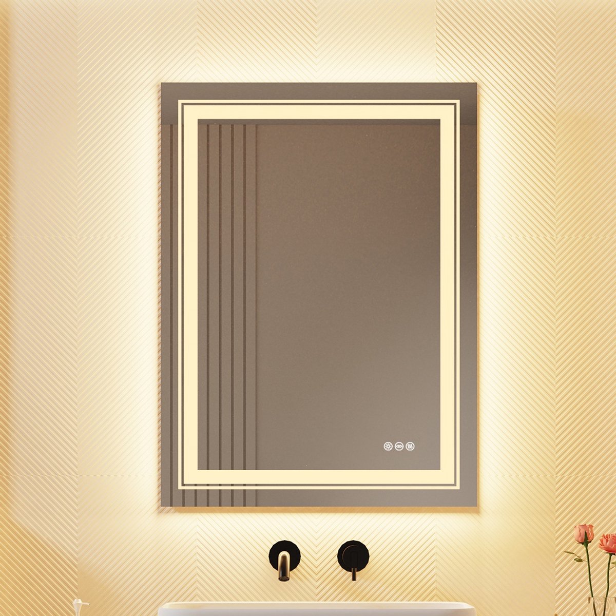 LUVODI LED badkamerspiegel 50x70cm - wandspiegel met verlichting - frontale verlichting + achtergrondverlichting - dimbaar in 3 verlichtingskleuren - mistwerend - geheugenfunctie - tiptoetsen