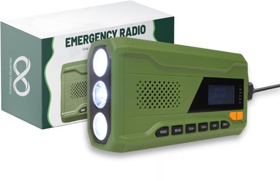 Groene noodradio met drie lampen, display en knoppen, naast de doos.