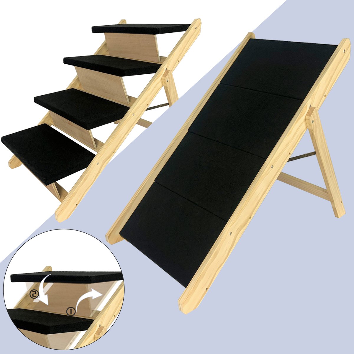 FIVMEN Dog Stairs, 2-in-1, Wooden Foldable, Height Adjustable, Pet Stairs with Non-Slip Foot Mat, for Bed, Sofa, 100 x 47 x 63 cm