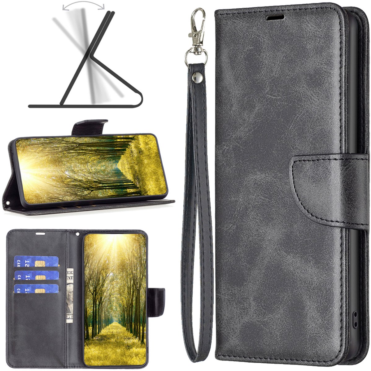 MobyDefend Hoesje - Geschikt voor iPhone 16e / iPhone 17e - Wallet Book Case Met Koord - Zwart