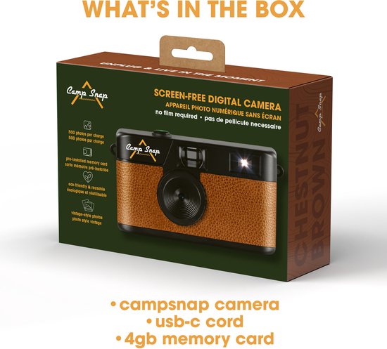 Appareil photo numérique Campsnap - Sans écran - Rechargeable - 2000 photos - Vintage - Carte mémoire incluse - Résistant - Marron