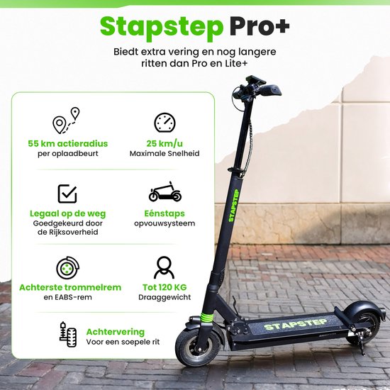 Zwarte StapStep Pro+ elektrische step met groene accenten. Met pictogrammen voor actieradius, snelheid, legaliteit, vouwsysteem, remmen en draaggewicht.