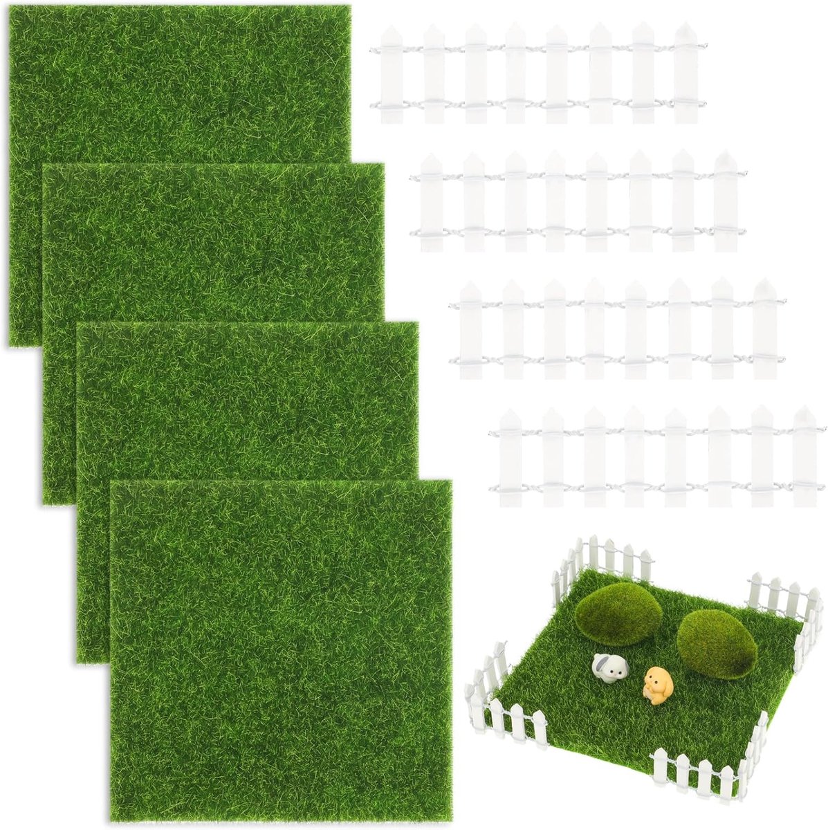 4 Stuks Kunstgras Miniatuurtuin 15 x 15 cm Tuin Decoratie Met Hekken Grasmat Voor Microlandschap Bonsai Decor Modelbouw en Poppenhuis.