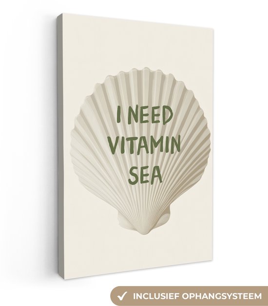 Toile avec le texte "I NEED VITAMIN SEA" sur un coquillage blanc, avec la mention 'système de suspension inclus'.