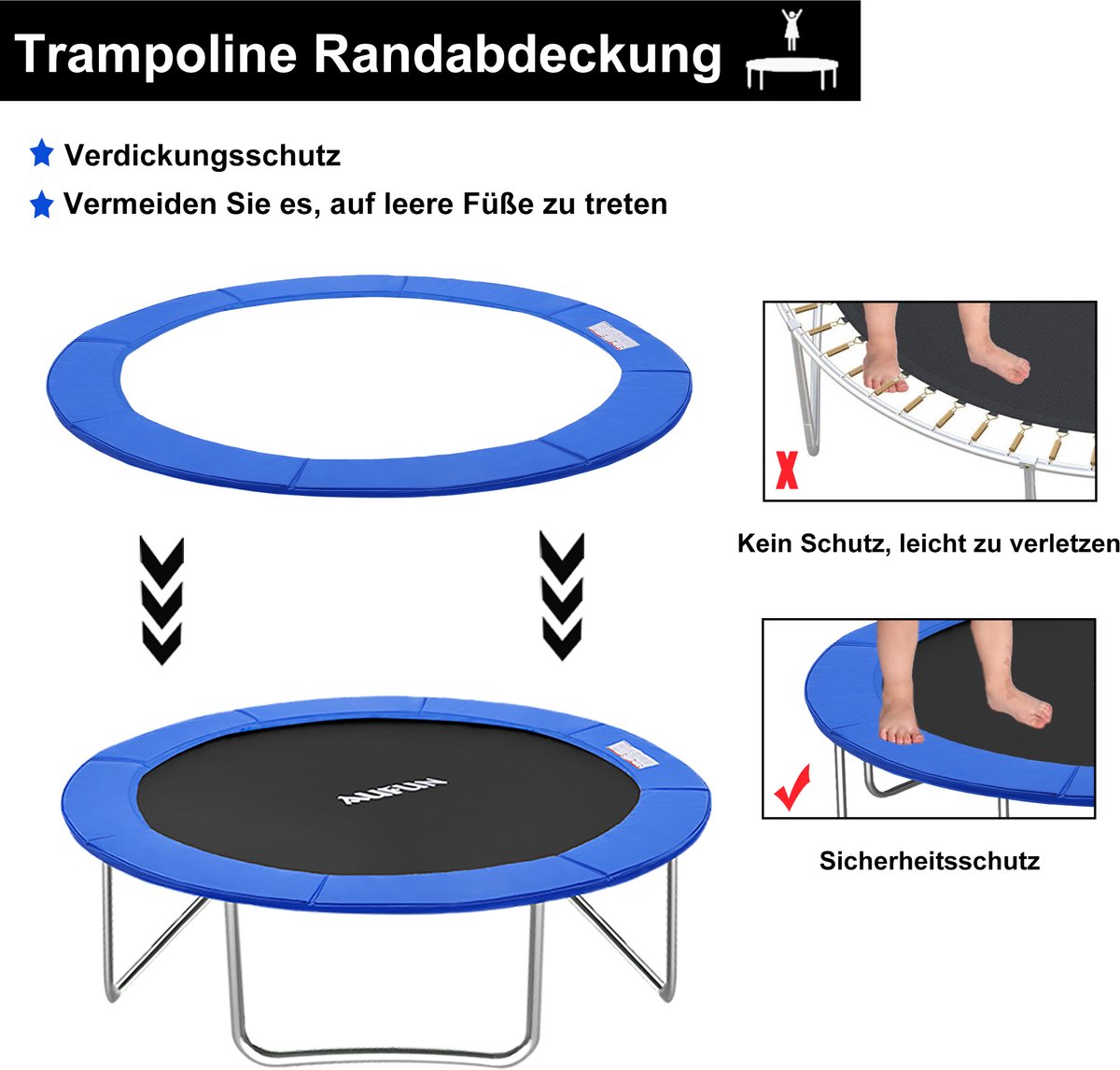 Trampoline-randafdekking, veerafdekking, Ø 305 cm, UV-bestendigheid, scheurbestendig, randbescherming, veiligheidsmat, trampoline-accessoires, standaardmaat voor trampolines blauw – foto 5