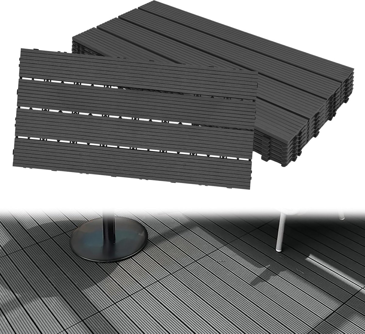 Aufun Verpakking van 6 WPC terrastegels, kunststof vloertegels, tuintegels, kliktegels, houtlook met kliksysteem, 30x60cm filterbaar water, premium tegel, vlonder voor balkon (1 m², antraciet)