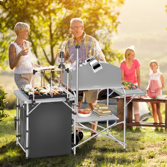 Aufun Opvouwbare Campingkeuken Aluminium Outdoor Keukenkast met 3 Werkbladen, Opbergkast, Lampstandaard en 4 Haken, Draagbare Campingtafel voor Kamperen, Buiten en Tuin, Zilver van Aufun — afbeelding 5