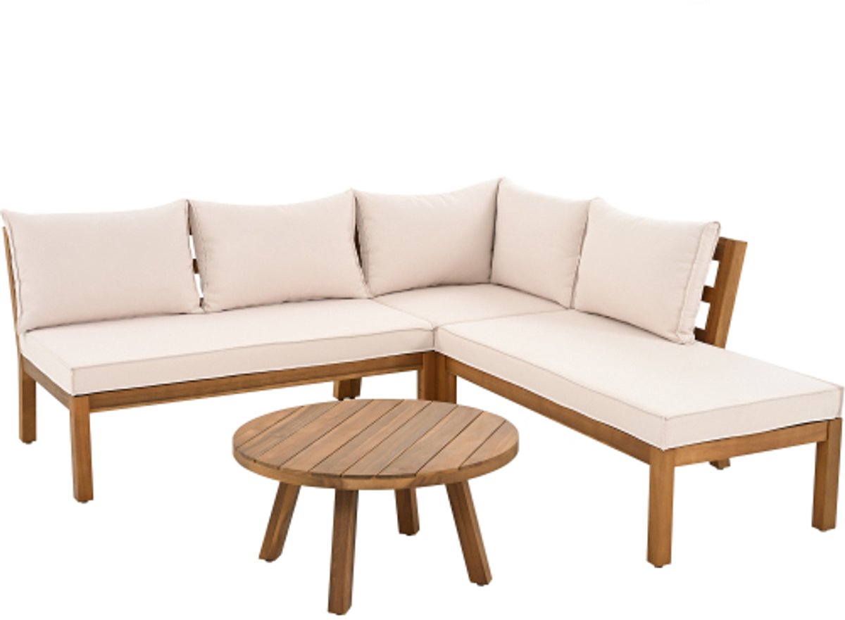 Hoekbank en salontafel van dikke acacia houten frame in beige.