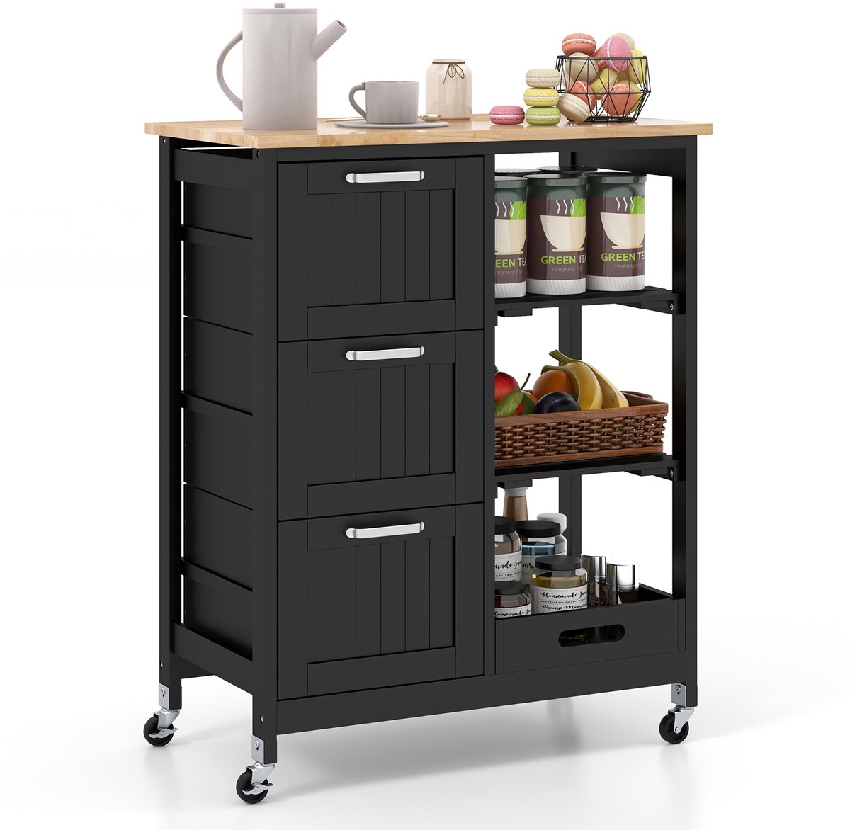 COSTWAY Keukenwagen met dienblad, planken en 3 grote laden, keukenkast oprolbaar, keukeneiland van rubberhout, serveerwagen 67 x 37 x 82,5 cm (zwart)