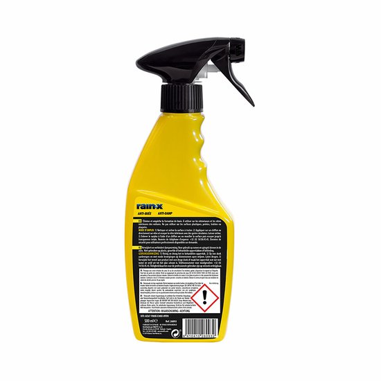 Achterkant van gele Rain-X Anti-Damp sprayflacon met zwarte spuitkop en veel tekst.