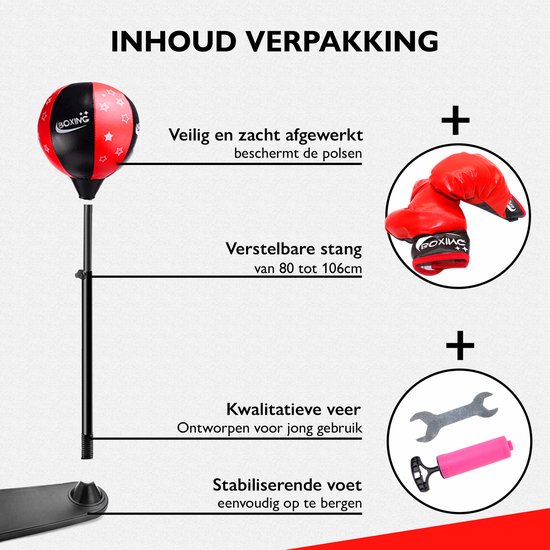 Inhoud verpakking: boksbal, verstelbare stang (80-106cm), stabiliserende voet, handschoenen, pomp en gereedschap.