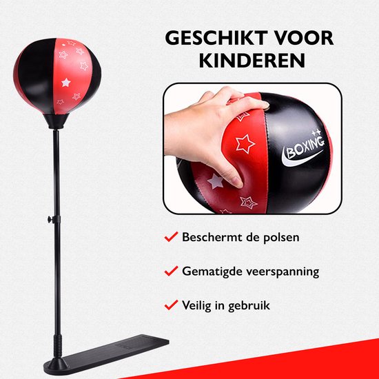 Rode en zwarte boksbal met sterren op een standaard. Hand houdt de bal vast. Beschermt de polsen.