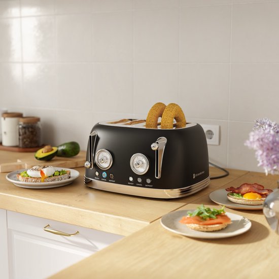 Black Decker Broodrooster met 4 extra brede sleuven en opzetstuk voor broodjes, 1960 W, roestvrij staal