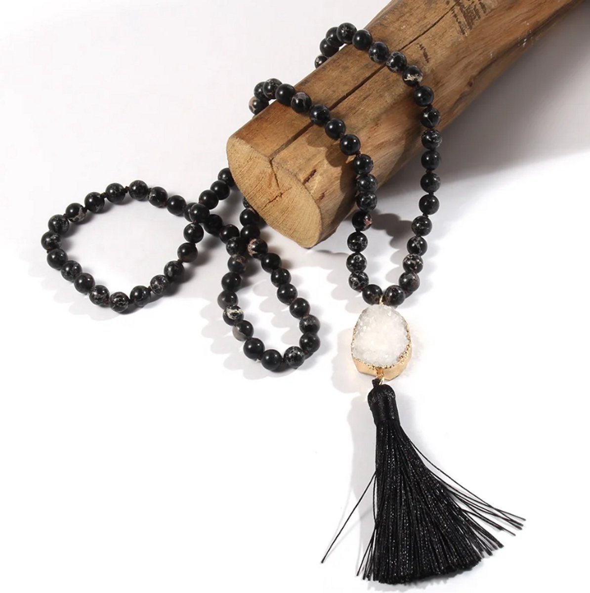 ASTRADAVI Mode Sieraden - Collier - Prachtige natuurstenen ketting met lange kwast - Zwart