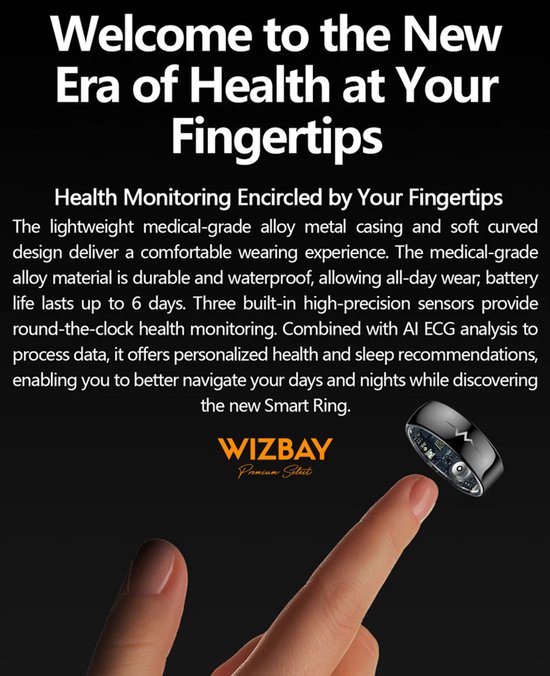 Zwarte ring met bliksemschicht en zichtbare interne componenten, rustend op een vinger, met de tekst 'Health Monitoring Encircled by Your Fingertips'.