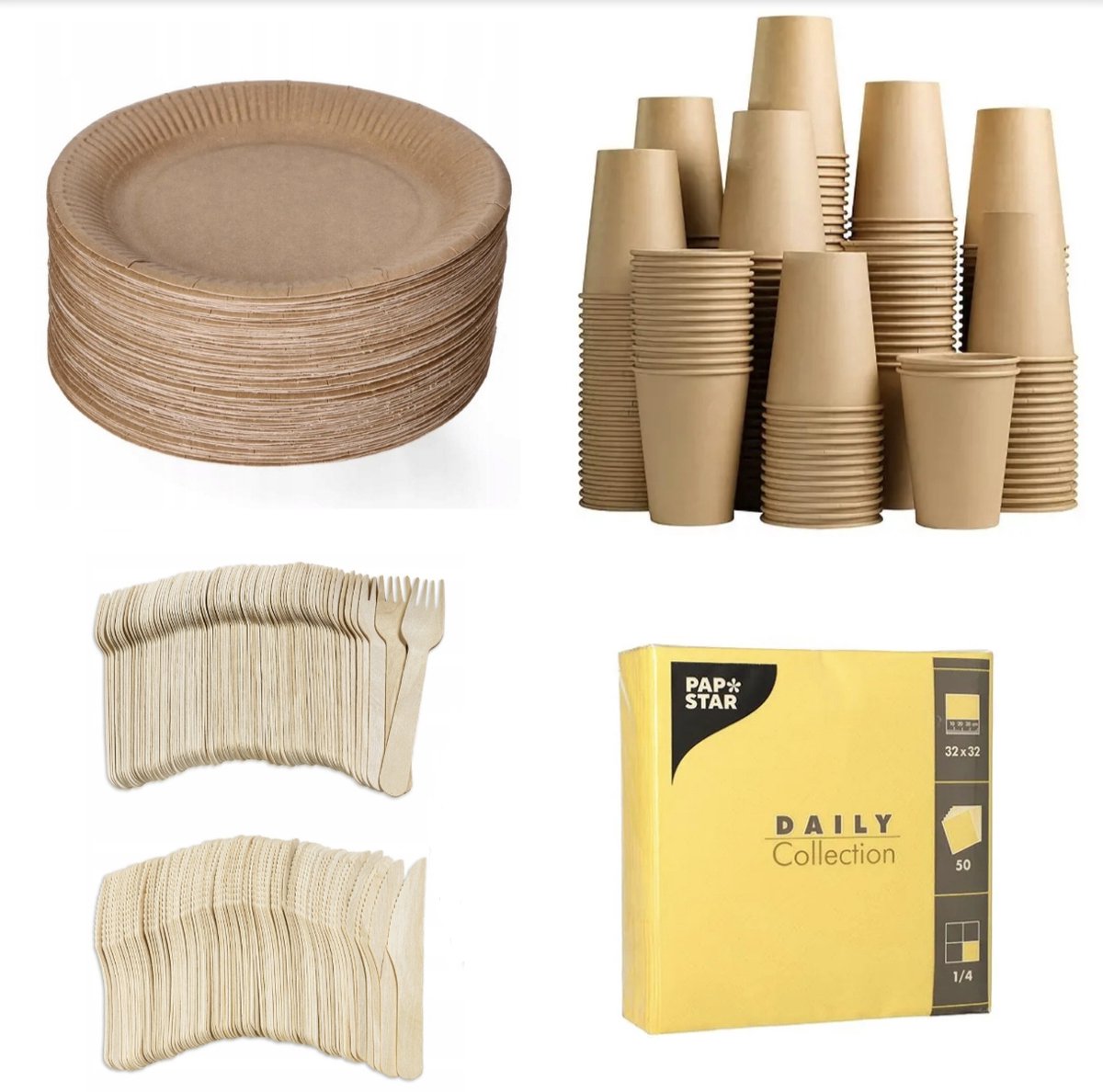 Image of 250 stuks x Houten wegwerp bestek set eco/milieubewust – 50 bruine kartonnen borden 23cm + 50 kartonnen bekers 240ml+ 50 Vorken 16cm + 50 messen 16cm+ 50 servetten geel 32x32cm Feest/verjaardag/BBQ picknick