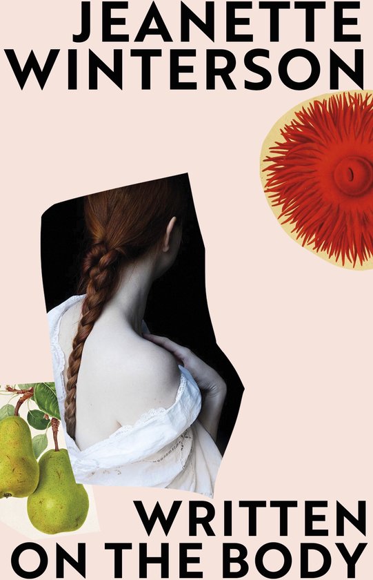 Boekcover 'Written on the Body' met vrouw van achteren met vlecht, peren en rode bloem.